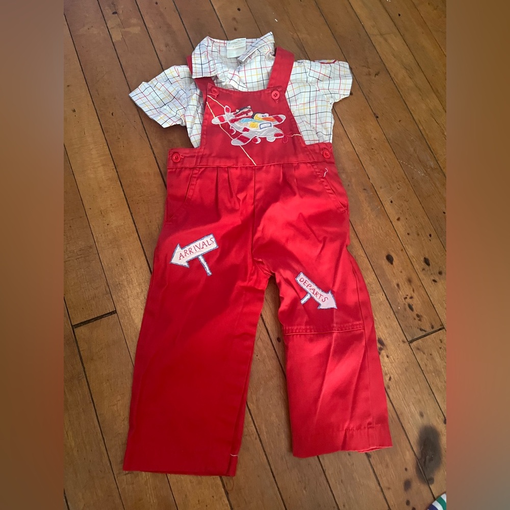 Vintage happy kids red bib overalls outfit
